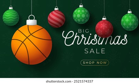 basketball Christmas Greeting card. Merry Christmas and happy new year sport greeting card. Hang on a thread green and red xmas ball bauble on green on background. Sport Vector illustration.