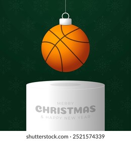 basketball Christmas Greeting card. Merry Christmas and happy new year sport greeting card. Hang on a thread green and red xmas ball bauble on green on background. Sport Vector illustration.