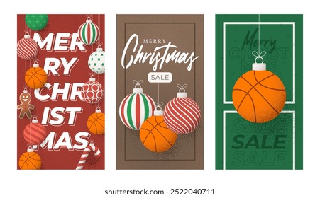 Navidades de baloncesto Tarjeta de felicitación granulada. Vertical Feliz Navidades y feliz año nuevo tarjeta de felicitación deportiva retro. Colgar en un hilo bola de Navidad chuchería en el ruido de fondo de puntilla.