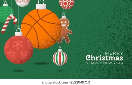 basketball Christmas Greeting grainy card. Merry Christmas and happy new year sport retro greeting card. Hang on a thread xmas ball bauble on noise green stipple background..