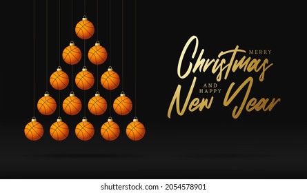 basketball Christmas and new year greeting card bauble tree. Creative Xmas tree made by basketball ball on black background for Christmas and New Year celebration. Sport greeting card