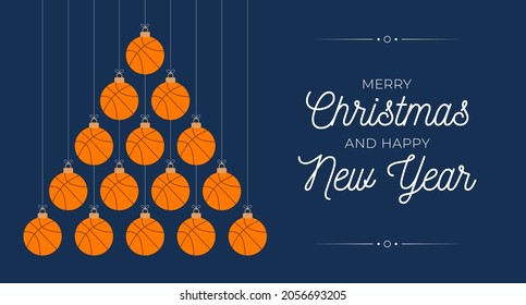 basketball Christmas and new year greeting card bauble tree. Creative Xmas tree made by basketball ball on black background for Christmas and New Year celebration. Sport greeting card