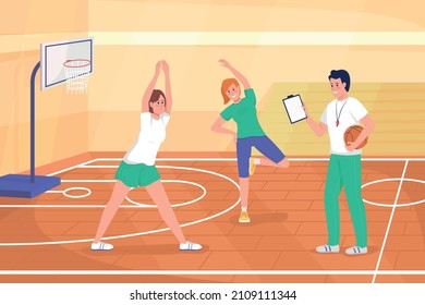 Basketball-Klasse flache Farbe Vektorgrafik. Trainerteam-Mitglieder. Physikalischer Unterricht. Schüler, die sich vor dem Sportspiel 2D Cartoon-Figuren mit Schulhofinnern auf Hintergrund