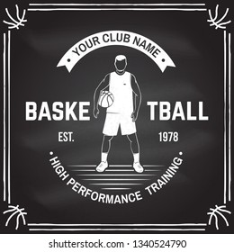 Basketball club badge on the chalkboard. Vector illustration. Concept for shirt, print, stamp or tee. Vintage typography design with basketball player and basketball ball silhouette