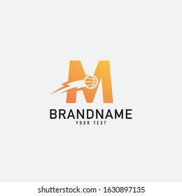 Basketball club logo design vector template illustration. Letter M with basketball ball logo design