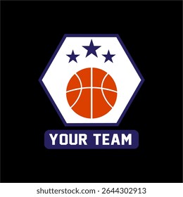 Logotipo do clube de basquete, emblema, desenhos com bola. Ilustração vetorial do emblema desportivo