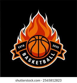 Basketball club logo on fire, emblem, designs with ball. Sport badge vector illustration