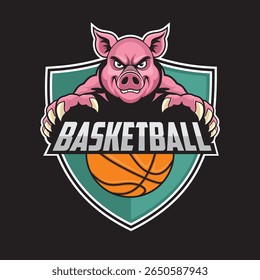 basketball club logo pig vector illustration retro design