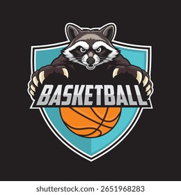 basketball club logo raccoon vector illustration retro design