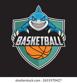basketball club logo shark vector illustration retro design