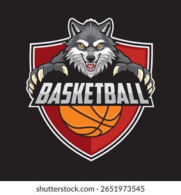 Logotipo del club de baloncesto Lobo Ilustración vectorial Diseño retro