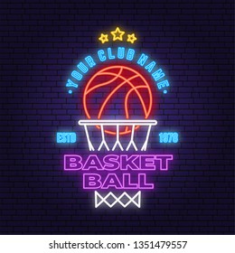 Basketball club neon design or emblem. Vector illustration. Concept for shirt, print, stamp or tee. Vintage typography design with basketball hoop and ball silhouette. Night neon signboard