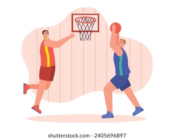 Basketball club on campus, university students playing on the court. Character design. Vector flat illustration
