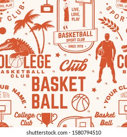 Basketball club seamless pattern or background. Vector illustration. Seamless sport pattern with basketball ball, basket, hoop and player silhouette. Basketball sport club texture.