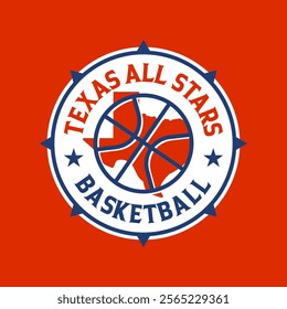 Basketball Club Sport team All Stars emblem logo design with Texas map state icon, vector illustration