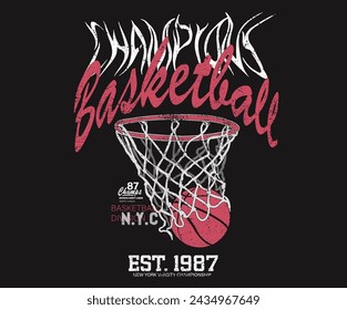 Basketball club vector t-shirt design. New York basketball league graphic print design. Champion tournament. Basketball college league. Vintage artwork for sportswear. Sport logo. College font.