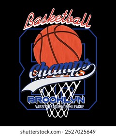 Basquetebol clube vetor t-shirt design. Liga universitária de basquete. Arte vintage para roupas esportivas. Logo do esporte. Fonte da faculdade. Projeto gráfico de impressão da liga de basquete de Nova York. Torneio campeão.