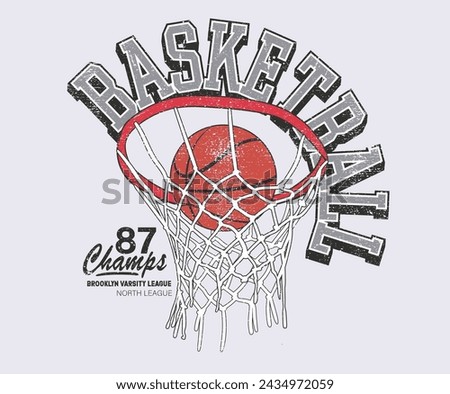 Basketball club vector t-shirt design. Basketball college league. Vintage artwork for sportswear. Sport logo. College font. New York city basketball league graphic print design. Champion tournament. 