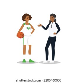 Basketball coach and her athlete communicating. Communication of multinational friends. People conversation. Flat vector illustration isolated on white background