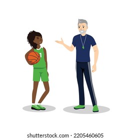 Basketball coach and his athlete communicating. Communication of multinational friends. People conversation. Flat vector illustration isolated on white background