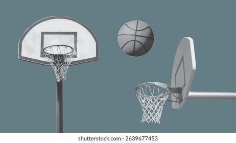 Basketball collage in vintage black and white color isolated on grey background. Sport objects including ball and hoops.