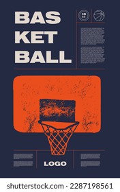 Basketball. Collection of basketball designs in grunge style, sketch, engraving. Hand drawing. Sports print, cover, template, sports covers, basketball hoop.