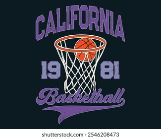 Basketball college league. california basketball t shirt design, Vintage artwork for sportswear. Sport logo. College font. Basketball club vector t-shirt design. New York basketball league