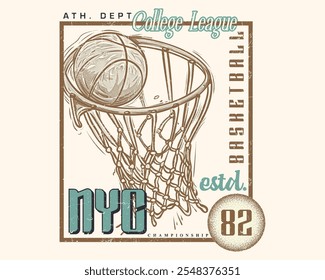 Basketball college league. slogan with basketball hoop in square frame. vector illustration on black background. typography slogan with basketball illustration. basketball player t-shirt design