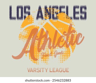 Basketball College-Liga T-Shirt-Design, Vintage-Kunstwerk für Sportbekleidung. Basketball, Los Angeles, Kalifornien. Sporttypografie für Designbekleidung, T-Shirts, Bekleidung, Druck. Vektorgrafik