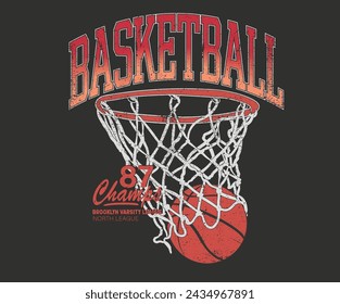 Basketball college league. Vintage artwork for sportswear. Sport logo. College font. Basketball club vector t-shirt design. New York basketball league graphic print design. Champion tournament. 