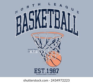 Basketball college league. Vintage artwork for sportswear. Sport logo. College font. Basketball club vector t-shirt design. New York basketball league graphic print design. 