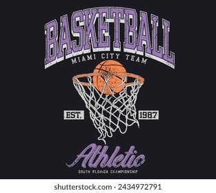 Basketball college league. Vintage artwork for sportswear. Sport logo. College font. Basketball club vector t-shirt design. New York basketball league graphic print design. Champion tournament.