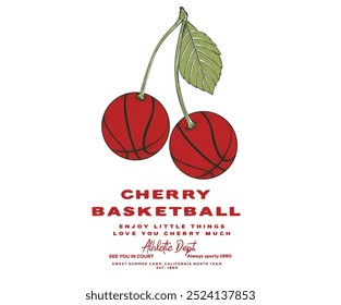 Liga universitaria de baloncesto. Antiguas ilustraciones para ropa deportiva. Fruta de cereza. Logotipo del deporte. Diseño de camiseta de Vector del club de baloncesto dominical. Te quiero mucho, cereza. Estampado de cereza. Diseño de impresión de frutas de Naturaleza.