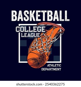 Liga universitária de basquete. Arte vintage para roupas esportivas. Logo do esporte. Faculdade. Tipografia esportiva, gráficos t-shirt, cartaz, banner, folheto, impresso e tema de cartão postal de basquete na rua Brooklyn