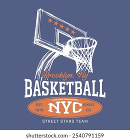 Liga universitária de basquete. Arte vintage para roupas esportivas. Logo do esporte. Fonte da faculdade. Basquetebol clube vetor t-shirt design. Liga de basquete de Nova York