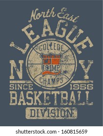 Basketball college league. Vintage vector artwork for boy sportswear in custom colors - grunge effect in separate layers 