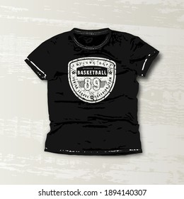 Basketball college team emblem. Graphic design for t-shirt. White print on black wear 
