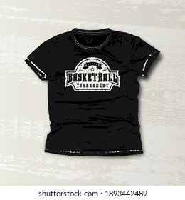 Basketball college tournament emblem. Graphic design for t-shirt. White print on black wear 