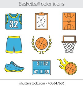 Basketball color icons set. T-shirt, shorts, burning ball, field, score board, sneaker, game plan, hoop and ball in laurel wreath. Vector isolated illustrations