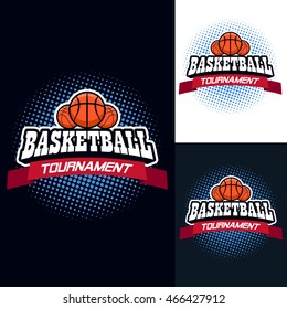 Basketball Color Tournament Logo Label In Vintage Style With Half Tone Background - Stock Vector