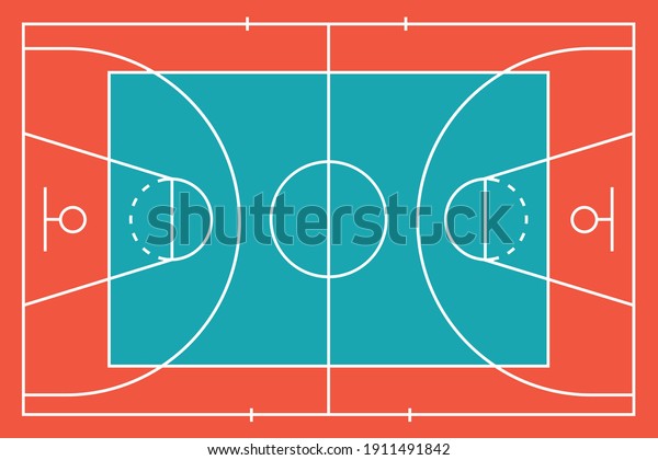 Basketball colorful court. Top view arena.\
Flat design. Vector\
illustration.