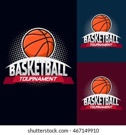 Basketball colour tournament logo label in vintage style with half tone background - stock vector