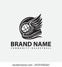 diseño del logo de la comunidad de baloncesto con elementos de zapato y baloncesto