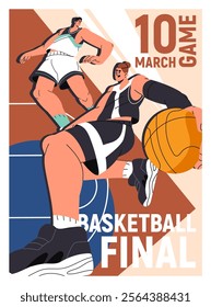 Basketball competition event poster design. Promotion template of sport game, match. Rival players struggle, sportsmen in uniform play on basket ball tournament, championship. Flat vector illustration