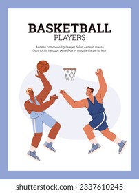 Basketball competition vector poster template. Basketball players fight for the ball, throw the ball into the ring. Enjoy sport energetic lifestyle. Cartoon professional sport male in blue uniform