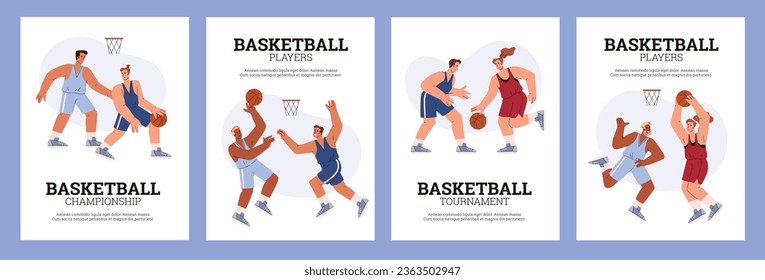 Basketball competition vector poster template set. Basketball players fight for the ball, defense, offense, throw the ball into the ring. Enjoy energetic game. Cartoon professional sport men and women