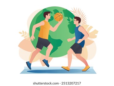 Basketball concept with people scene in the flat cartoon style. Two athletic young men playing basketball outdoors in front of a huge green planet. Vector illustration.
