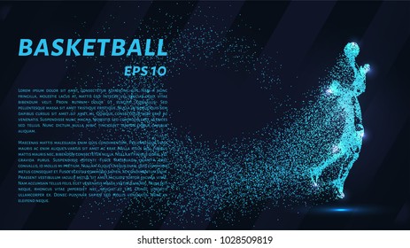 Basketball consists of particles. The basketball player consists of dots and circles. Blue basketball against a dark background
