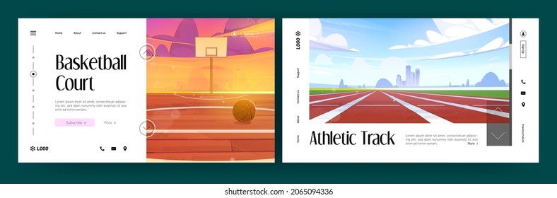 Basketball court and athletic track banners. Vector landing pages of sport grounds with cartoon illustration of empty stadium with running lane and field with ball and hoop