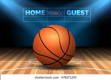 Basketball court with ball and spotlights scoreboard poster vector illustration
